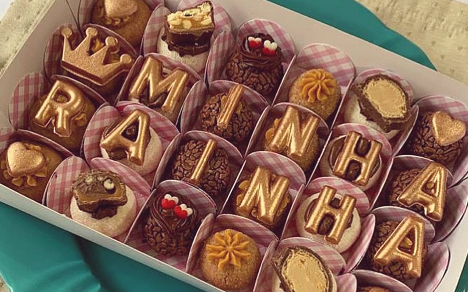 Chocolates com as letras formando o anúncio da gravidez