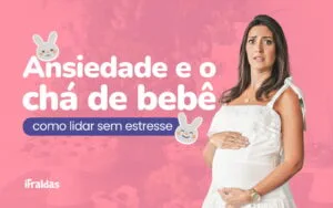 Grávida com expressão ansiosa e o chá de bebê.
